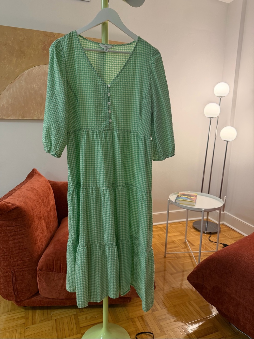 Green Gingham Tiered V-Neck Midi Dress Unique M&S - Large